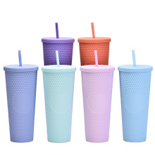 24oz Matte Black Plastic Studded Tumbler Cup Double Wall Plastic Inlaid Rivet Cup with Lid and Straw